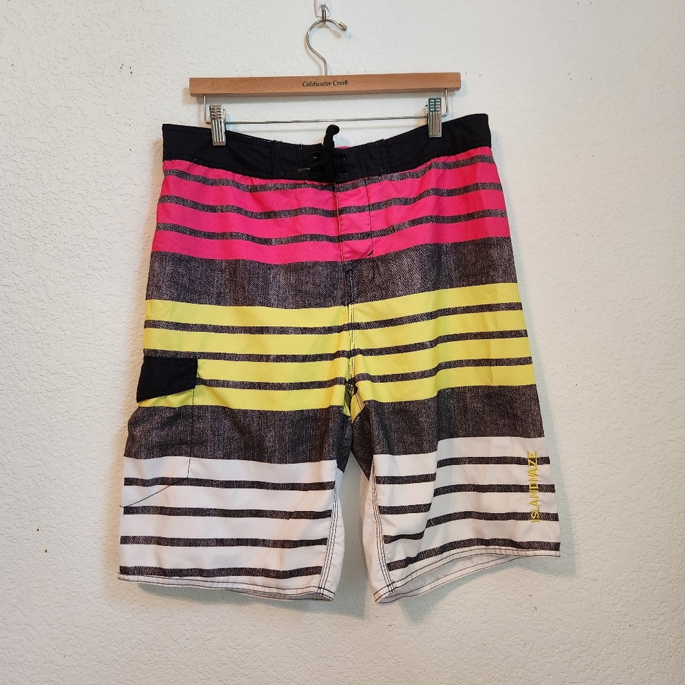 Island Haze Colorful Striped Men's Swim Board Shorts,‎ Size XL